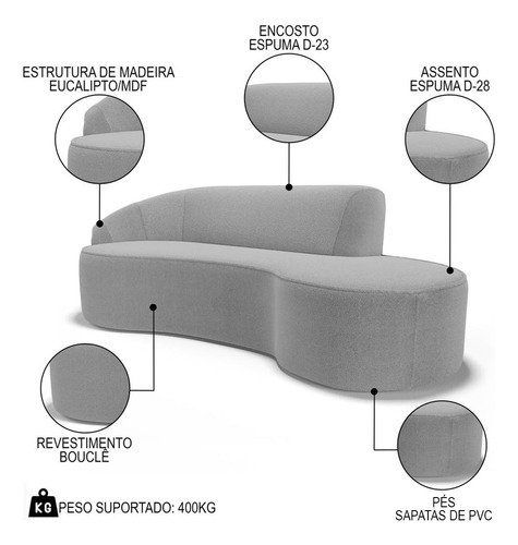 Sofá Living 4 Lugar 300cm Braço Esquerdo Mozart Bouclê Cinza