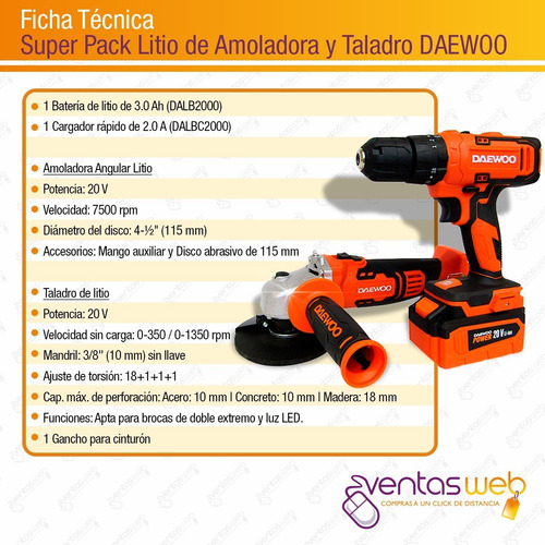 Imagen 4 de 5 de Taladro Percutor Inalambrico Daewoo Bateria 20v + Amoladora