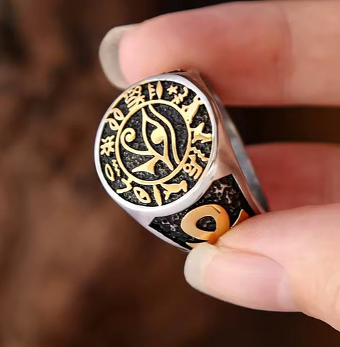 Anillo Ojo Horus/cruz Ankh Titanium Protección Brujeria