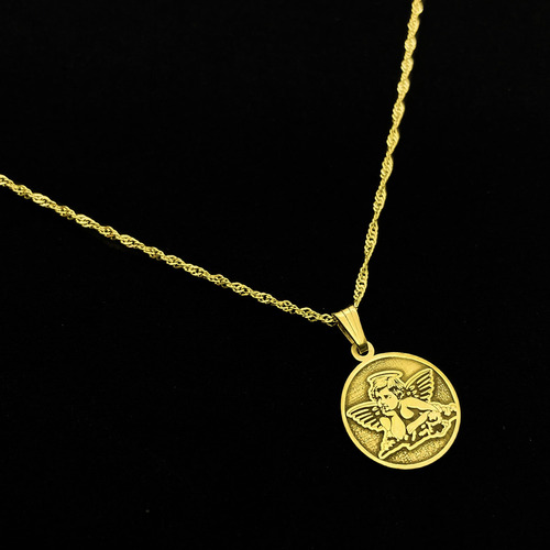 Cadena Y Dije Ángel De La Guarda Oro 18k Amarillo 50 Cm