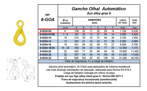 60 Un Gancho Olhal Automático 6mm 1,2ton. P/ Corrente Grau 8