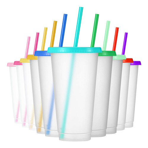 10 Vasos Reutilizables Plástico 710 Ml C/tapa Y Popote