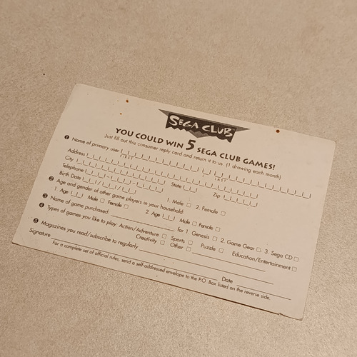 Sega Club Tarjeta De Registro Postal Original Sega Génesis (Usado)