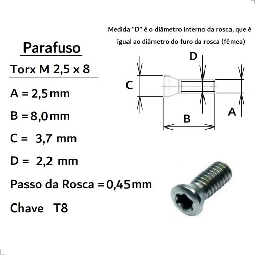 10 Torx Fixa Inserto Pastilha M 2,2 X 6 + M 2,5 X 8 + 2 Chav
