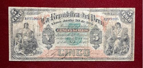 Billete 5 Soles Peru 1879 Pick 3 A.1 American Bank Note Comp