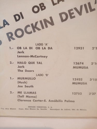 Disco Los Rockin Devil's Obladi Oblada Hush Rock Garage 1969 (Usado)