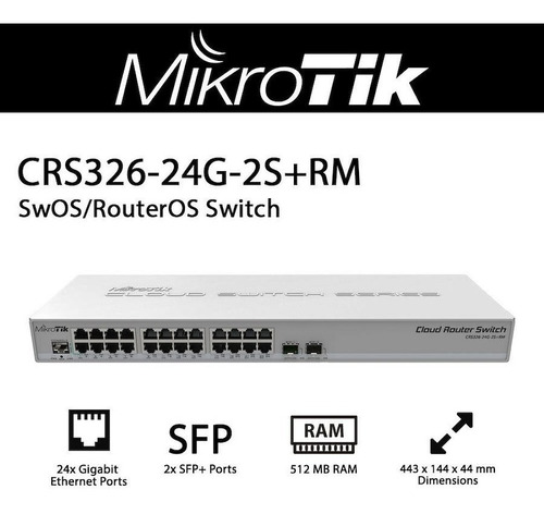 Imagen 2 de 6 de Cloud Router Sw Mikrotik Crs326-24g-2s+rm 24 Giga 2sfp+