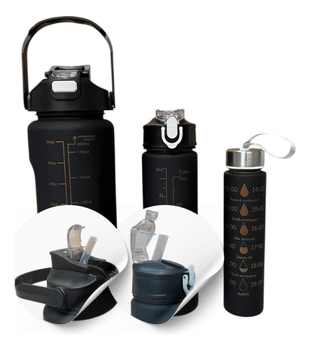 Botellas Motivacionales Degrade Set X3 Plástico Pico Doble Negro