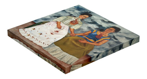Cuadro Las Dos Fridas - Frida Kahlo 120x120 Multicolor Bastidor De Madera