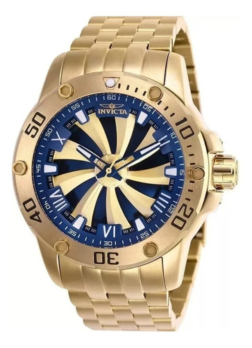 Relógio de pulso Invicta Speedway 25851 com corpo ouro,  analógico, para masculino, fundo  ouro e azul, com correia de aço inoxidável cor ouro, agulhas cor azul e branco e ouro, subdials de cor branco e azul, ponteiro de minutos/segundos branco, bisel cor preto e ouro e dobrável