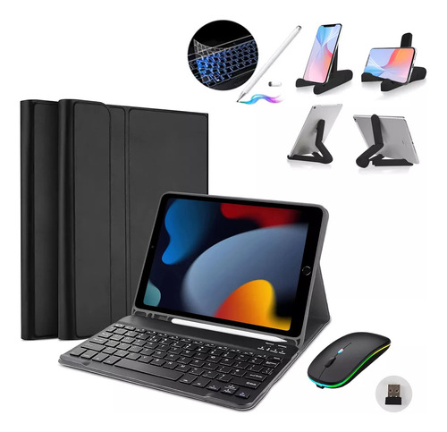 Teclado E Mouse Bluetooth + Capa + Lápis Stylus + Suporte Para iPad 9ª/8ª/7ª Geração 10.2'' Cor Preto
