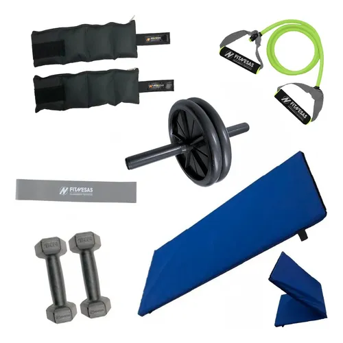 Kit Entrena Colchoneta Pesas Rueda Banda Soga Tobilleras Gym