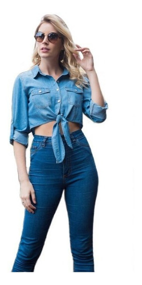 blusa feminina top cropped jeans de amarrar na frente