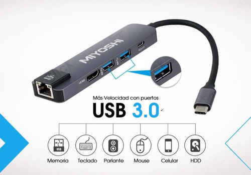 Imagen 3 de 10 de Adaptador Usb C Hdmi Samsung Otg Cable Hub Lan Rj45 5 En 1