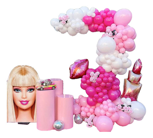 Arco Globos Kiss Barbie Girl Labial Blanco Fucsia Rosado