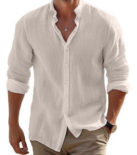 Camisa De Hombre De Lino- Manga Larga- Entallada- Beige
