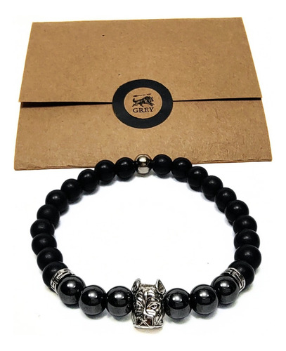 Pulsera De Hombre Con Hematite + Dije Bulldog