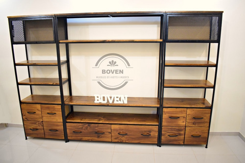 Mueble Rack Tv, Con Columnas, Industrial, Hierro Y Madera