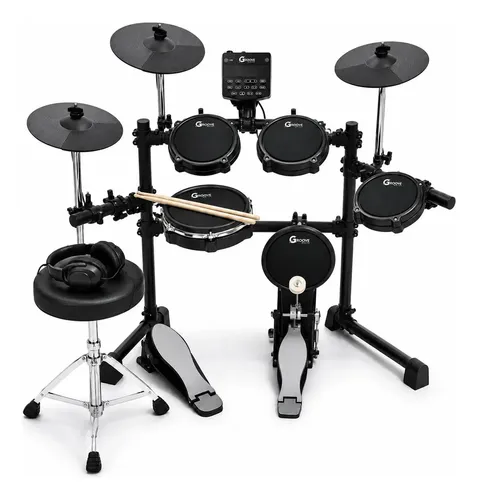 Kit Bateria Eletrônica Completa Groove Drums Edg500 5 Pads Peles Mesh 3 Pratos Profissional Sensibilidade Aro + Banco Fone De Ouvido