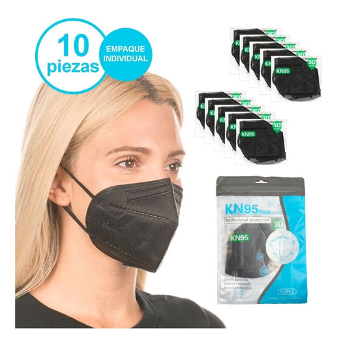 Imagen 1 de 6 de Cubrebocas Kn95 Tapabocas Mascarilla Negro 10 Piezas