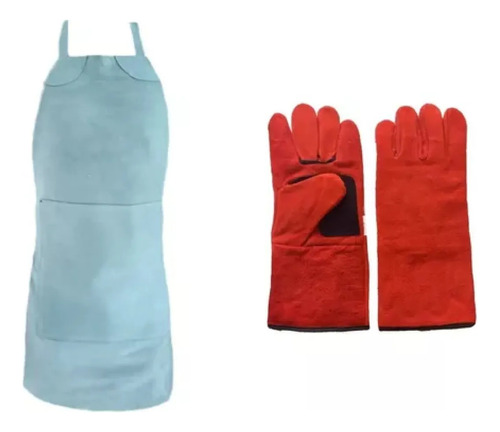 Guante Soldador Cuero Kevlar + Delantal Descarne Goma Plomo Azul Claro