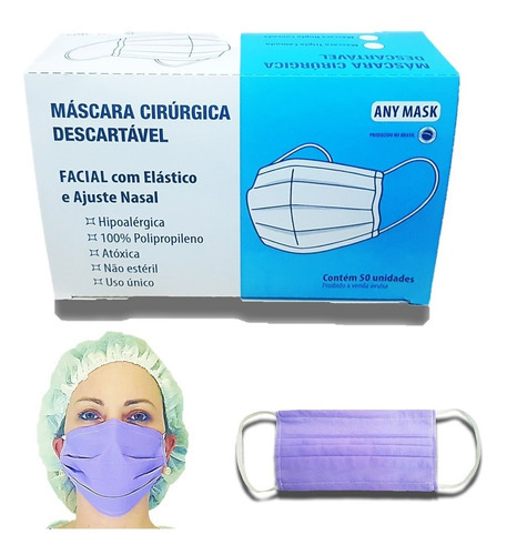 Máscara Descartável Proteção C/ Elástico Clipe Nasal 100 Un Cor Lilás