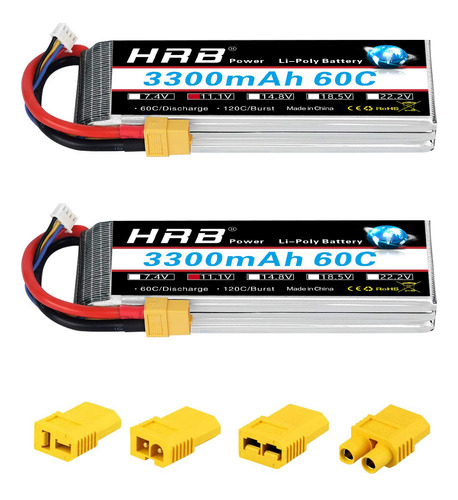 Hrb 2 Bateras Lipo 3s 11.1v 3300mah 60c Xt60 Rc Lipo Batera 