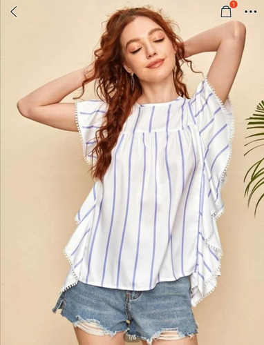 Blusa Dama Blanca A Rayas, De Algodón, Talla 12 L. Nueva 