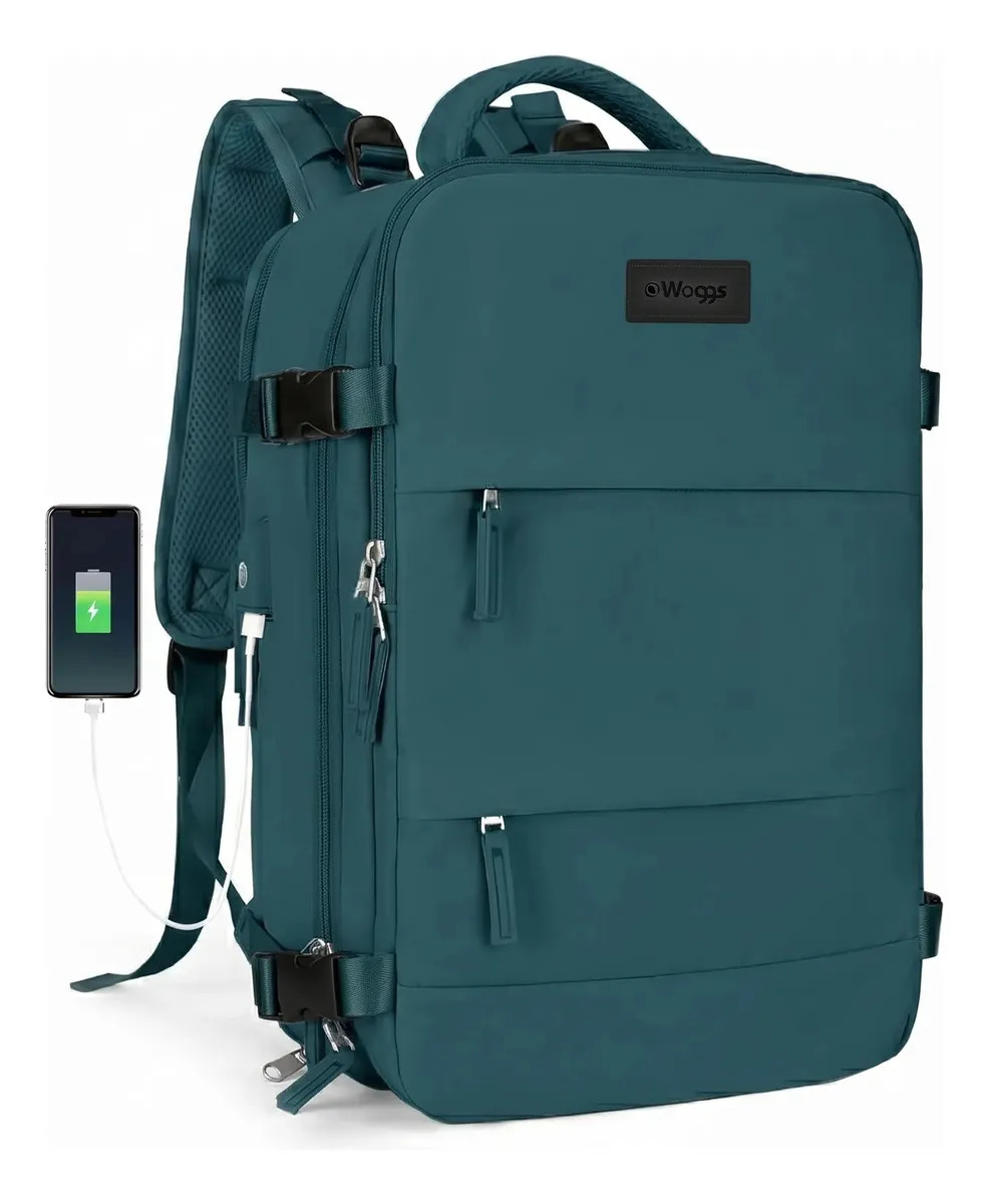 Mochila viaje carry on avión porta notebook Waggs color azul petróleo diseño liso capacidad 25L a prueba de agua