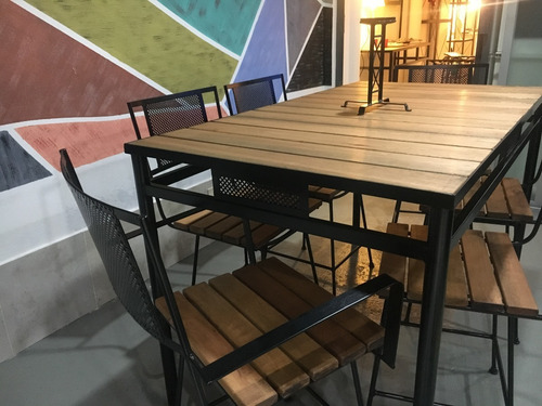 Mesa Hierro Forjado Madera 140x70 4 Sillas + 2 Sillones Deck