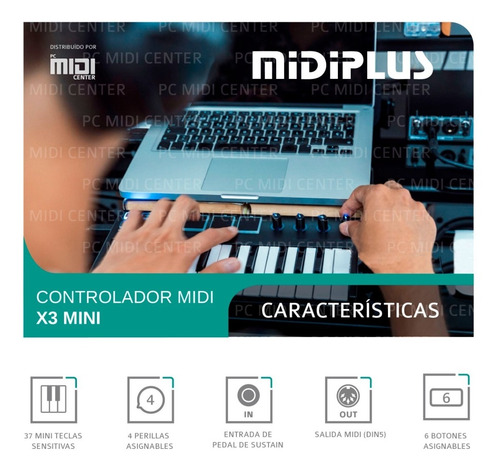 Imagen 4 de 9 de Midiplus X3 Mini Teclado Midi Usb 37 Mini Teclas Sensitivas