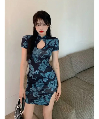Minivestido Qipao Feminino De Verão Com Estampa De Dragão