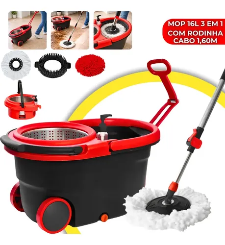 VYROX - VRXMop Profissional 3 em 1 Inox 16L Com Rodinha Balde 360º Giratório 3 R