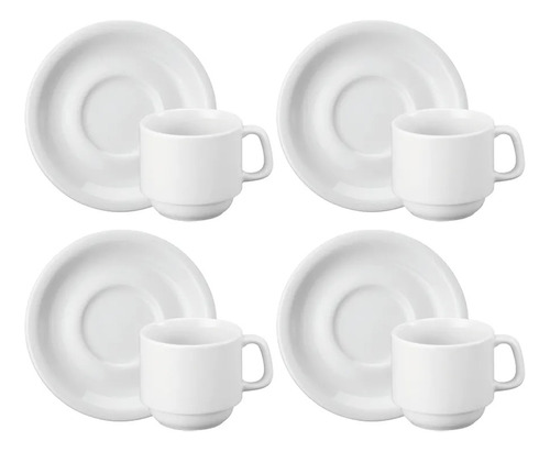 Jogo 4 Xícaras De Chá Com Pires Cilíndrica Porcelana Schmidt Cor Branco