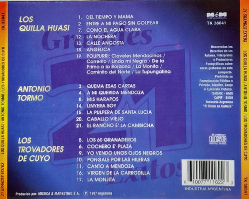 Cd Tormo -quilla Huasi-trovadores De Cuyo (21 Exitos)