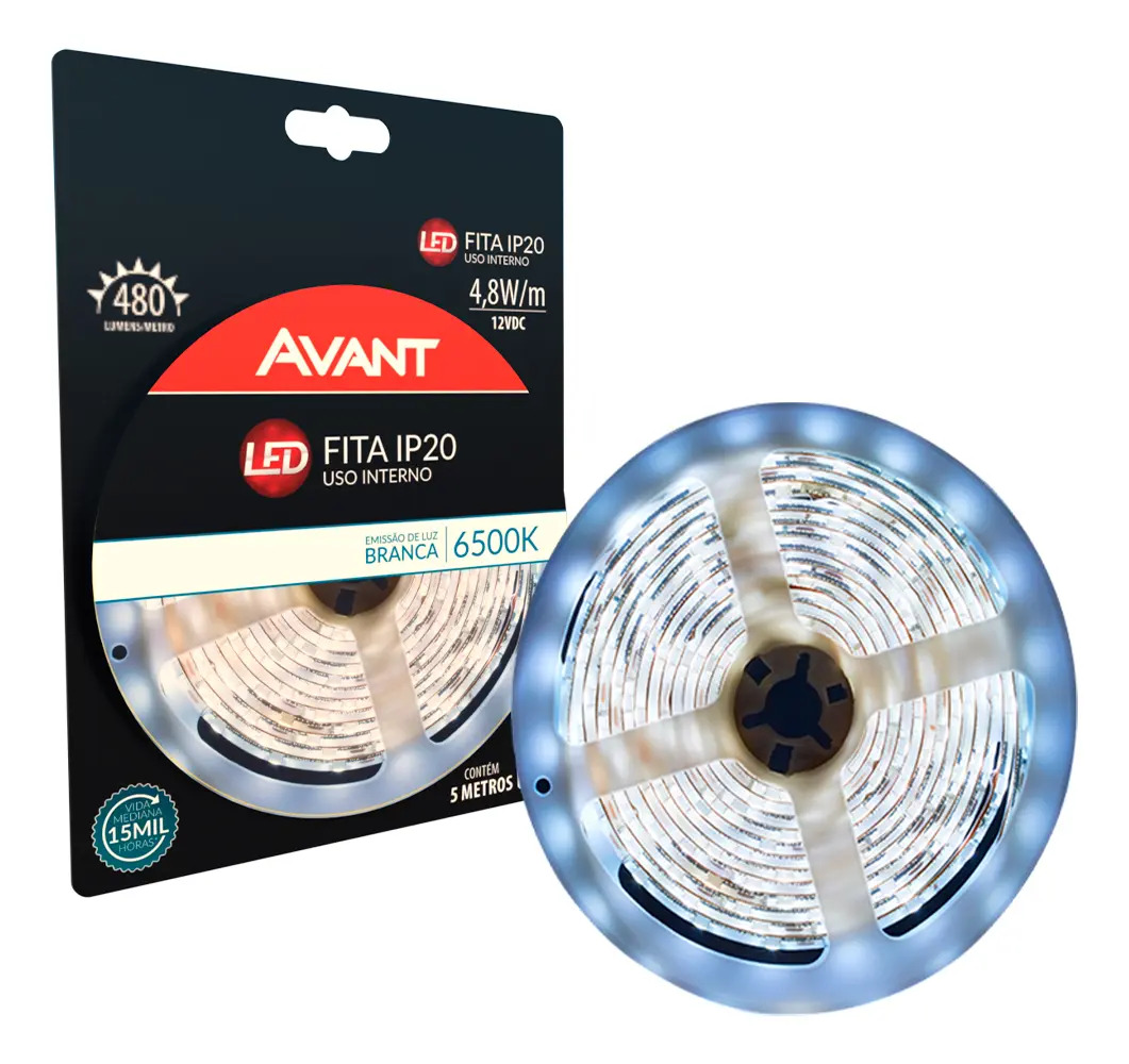 Fita Led Interna 4,8w 6500k Branco Frio 5 Metros 12v Ip20 60 Leds/m Cod: 192911333 Avant