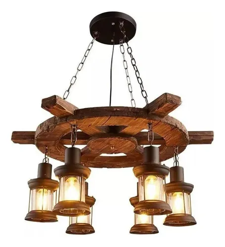 comprar Lampara Madera Colgante Timon Rustica 6 Farol \u002F Envio Gratis