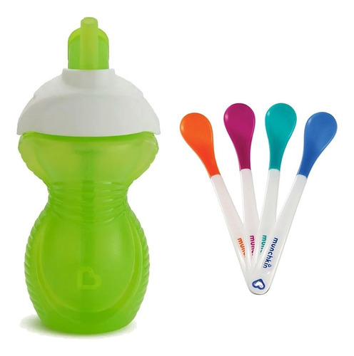 Copo Canudo Silicone 266ml Verde + Colheres Termo Munchkin