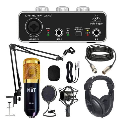 Kit Grabacion Behringer Um2 Bm-800 Mic Auricular Hpm1000