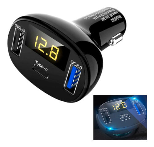 Usb Cargador Rapido De Auto 3 Puertos Usb Tip C Y Voltimetro