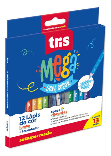 Lápis De Cor 12 Cores Jumbo Super Macio + Apontador Tris
