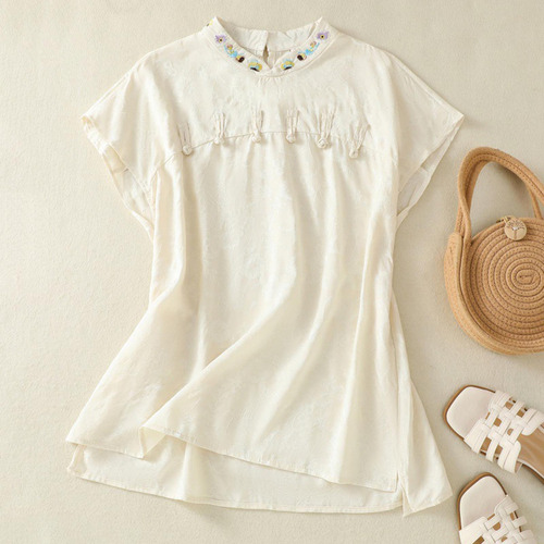 Blusas Bordadas Con Cuello Alto Y Hombro A Manga Para Mujer