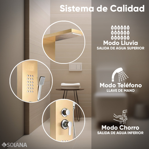 Regadera de Baño De Acero Inoxidable Solana Modelo Young Color Gold / Panel De Ducha Con Regadera de Mano y Salida De Agua Modo Lluvia y Rociador Hidromasaje
