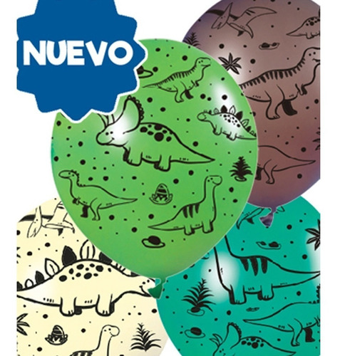 Imagen 1 de 3 de Globos Latex Impresos Motivo Dinosaurios Colores X12