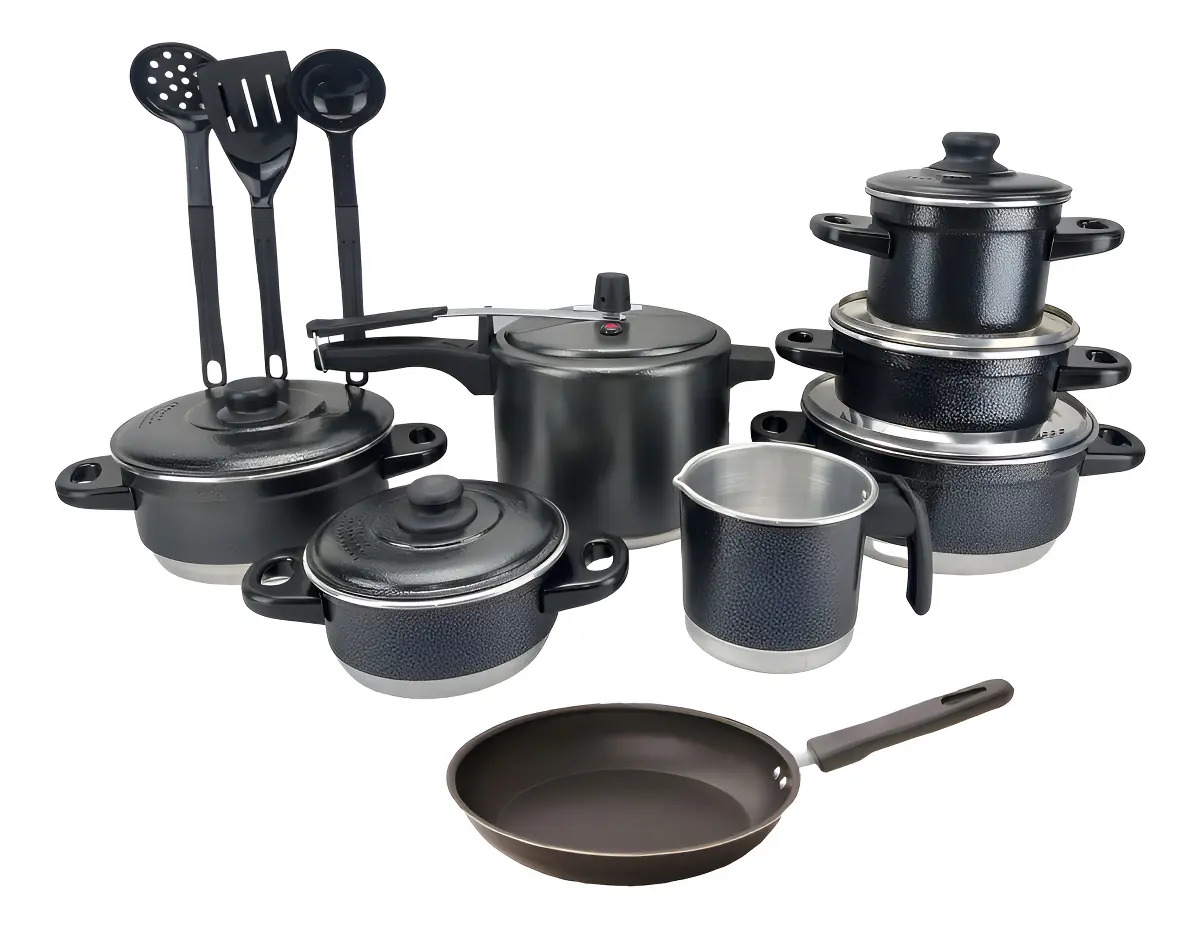 Jogo de Panelas Extra Forte Luxo 11 Peças com Panela de Pressão e Frigideira Antiaderente Preto Craqueado