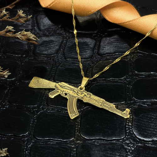 Cadena Y Dije Ak 47 Ametralladora Oro 18k Plata Esterlina Oro 18k 50 Cm