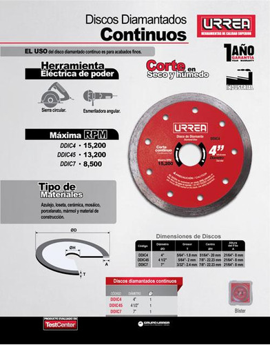 Disco De Diamante Uso Industrial Corte Continuo 7  Urrea Ddi