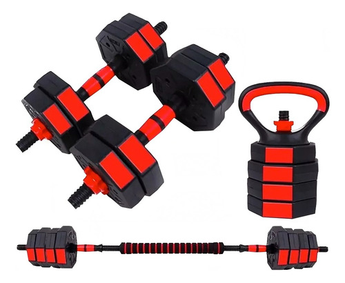 Set Mancuernas Ajustables 15kg 3 En 1 + Barra + Kettlebell Color Negro