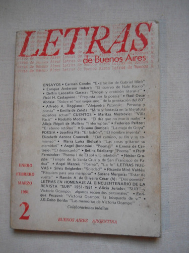 Revista Letras De Buenos Aires. Enero 1981 Numero 2