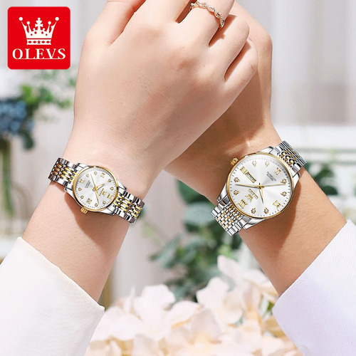 Relojes De Pareja Impermeables Con Calendario, 2 Unidades, D Color De La Correa Plata/dorado